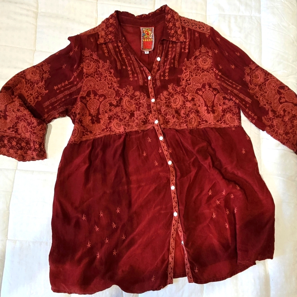 Johnny was Silk tunic style blouse, Rich Terra Cotta color, size Medium